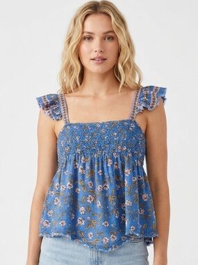 Free People- “Nala”Boho Tank, ruffle sleeves, cotton, stretchy, RARE, raw hem